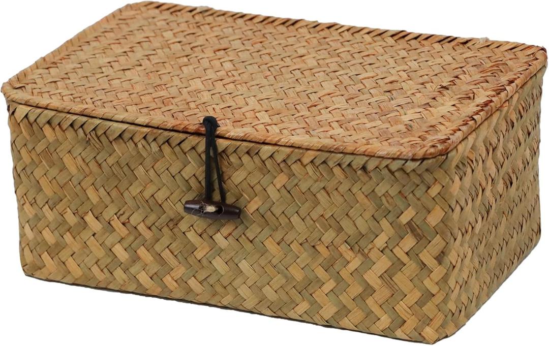 Wicker Basket with Lid, Natural Seagrass Storage Baskets for Organizing, Woven Basket for Storage, Decorative Boxes Bins with Lids Home Organizer Decor (Natural, Small) (10.23" x 6.3" x 4.13")