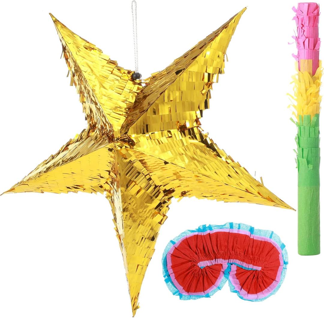 Civaner 3 Pcs Foil Star Piata with a Blindfold and Bat Foldable Star Piatas for Girl Kids Boys Adults Birthday Wedding Christmas Cinco de Mayo Party Decorations
