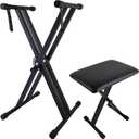 Piano Keyboard Stand and Bench Set, Double-X Keyboard Stand Adjustable Digital Piano Stand with Lockable Straps, (Piano Keyboard Stand x 1, Piano Bench x 1), Black