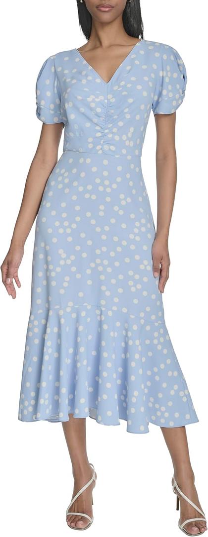 Halston Women's Short Sleeve Center Ruched Printed Dress 10, Breeze/Cream