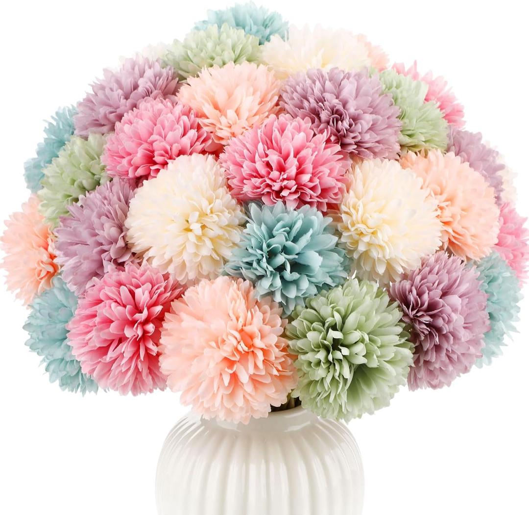 Suncalla 36 Pcs Pastel Artificial Chrysanthemum Flowers Faux Flower Ball Bouquet Silk Fake Marigold Mum for Easter St Patricks Day Spring Wedding Decor Floral Arrangement Table Centerpiece