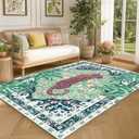 8x10 Washable Non-Slip Area Rug, Green Boho Vintage Tiger Rug, Soft Cozy Faux Cashmere Tropical Jungle Rug for Dining Room, Living Room, Bedroom, Large Easy Clean Decorative Carpet