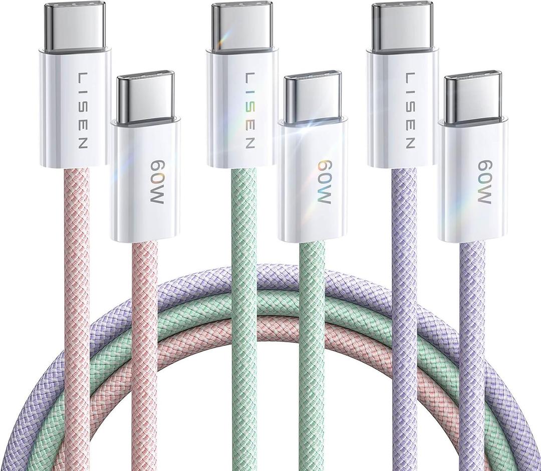 LISEN USB C Cable, 3-Pack [10/10/10FT] USBC to USBC Cable for iPhone 16e 15 Pro Max Charger Cord, 60W (3.1A) C to C Cable Fast Charging for Samsung S25/S24/23, Switch 2, iPad, MacBook