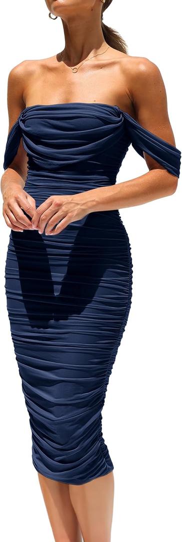 PRETTYGARDEN Wedding Guest Dress 2025 Summer Off Shoulder Ruched Elegant Sexy Bodycon Homecoming Cocktail Party Midi Dress (Small, Navy)