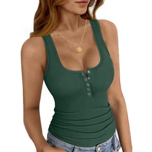 Ribbed Tank Tops for Women Sexy Low Cut Henley Tank Top Scoop Neck Slim Fit Cute Summer Shirts Women 2026 Trendy (Dark Green, L)