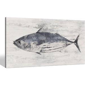 Sea Whisper Tuna Fish Canvas Wall Art: Abstract Ocean Marine Life Painting Sealife Prints Bluefin Picture Nautical Coastal Decor Artwork for Bedroom Bathroom Tuna Fish, 24"L x 12"W