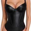 Popilush Leather Corset Bodysuit for Women Tummy Control V Neck Thong Shapewear Sleeveless Body Suit Trendy Tops (X-Large, Black)