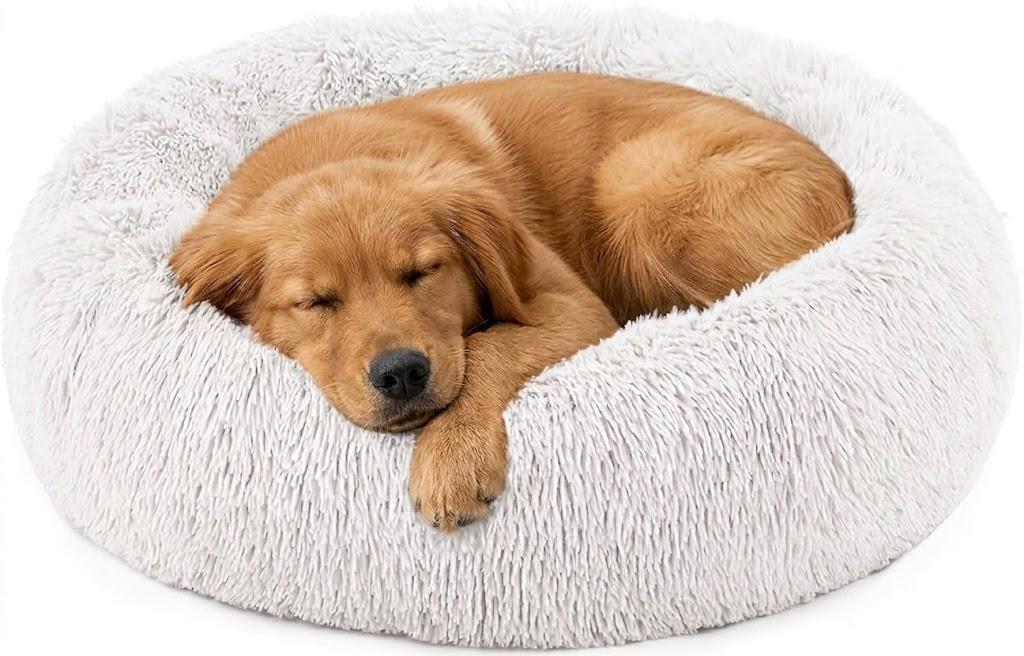 NEWBULIG 30.7x30.7 Inch Dog Bed Large Sized Dog, Donut Shape Cat Beds for Indoor Cats with Washable, Anti-Slip, Faux Fur (White)