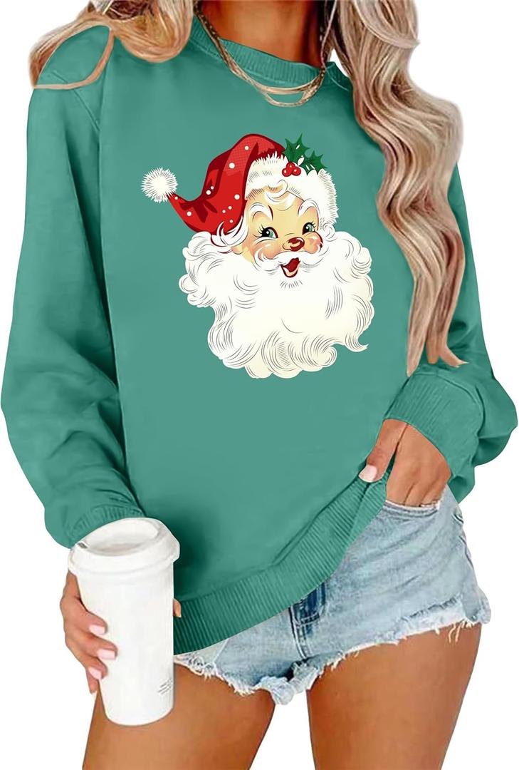 Christmas Sweatshirts for Women Retro Santa Claus Graphic Long Sleeve Shirt Xmas Pullover Tops (Cyan) XL