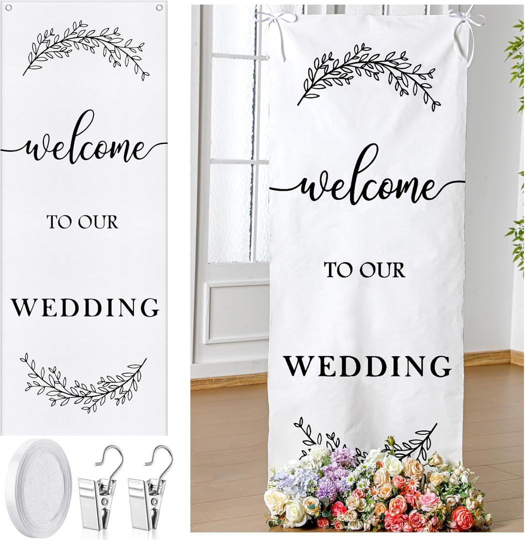 Yousoontic Welcome to Our Wedding Sign Linen Rustic Wedding Welcome 60 x 24 Inches Banner with Satin Ribbon and Retaining Clip for Ceremony, Arch, Reception Backdrop