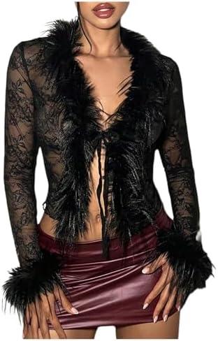 MakeMeChic Women's Faux Fur Fuzzy Long Sleeve Top Mesh Lace Open Front Y2K Tee Shirts, Size S