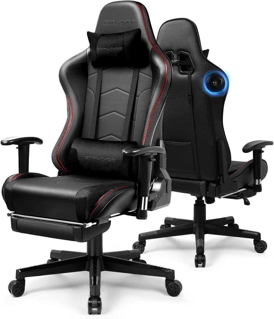 GTPLAYER Gaming Chair with Bluetooth Speakers and Footrest, Ergonomic Gamer Chair with Reclining Backrest, 3D Armrests, Adjustable Seat Height, Computer Desk Chair for Adults (Black)