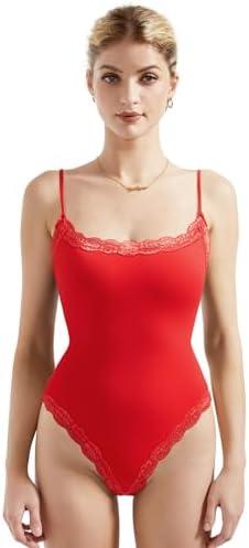 SUUKSESS Women Square Neck Lace Bodysuit Sleeveless Spaghetti Strap Tank Top, Large