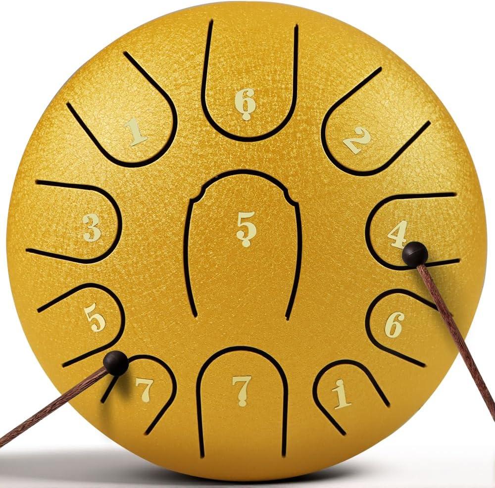 Rain Drum for Outside Garden,Steel Tongue Drum 6 Inche 11 Note Steel Drums Rain Chime,with Soft Bag,Music Book (Yellow, 6 Inch 11 Note)