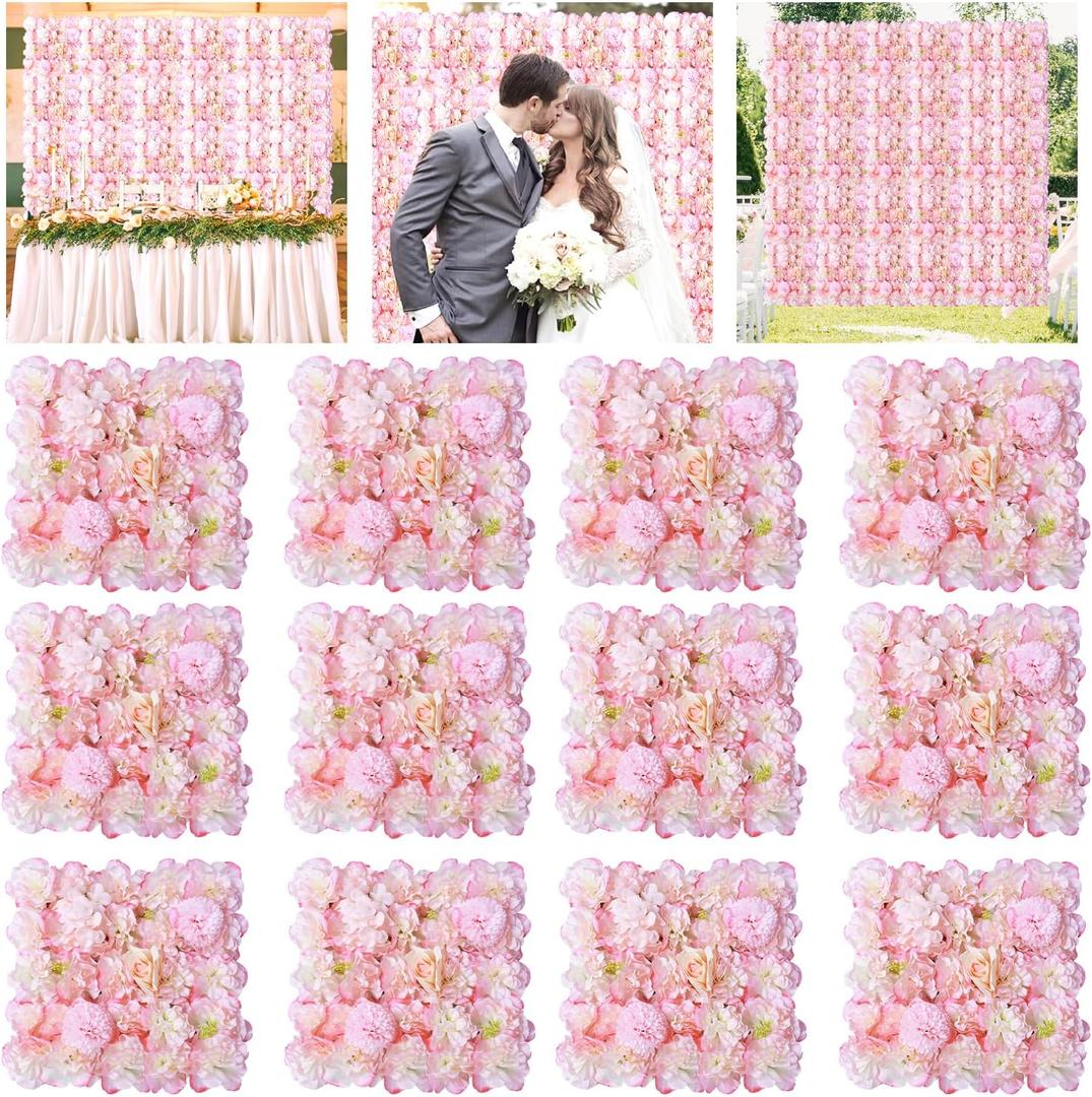 Flower Wall Backdrop 12 PCS Pink Artificial Floral Wall Backdrops 3D Silk Rose Flowers Wall Panels 15X15 Inch Photo Flower Backdrop Wall for Wedding Arrangements Party Background Decoration