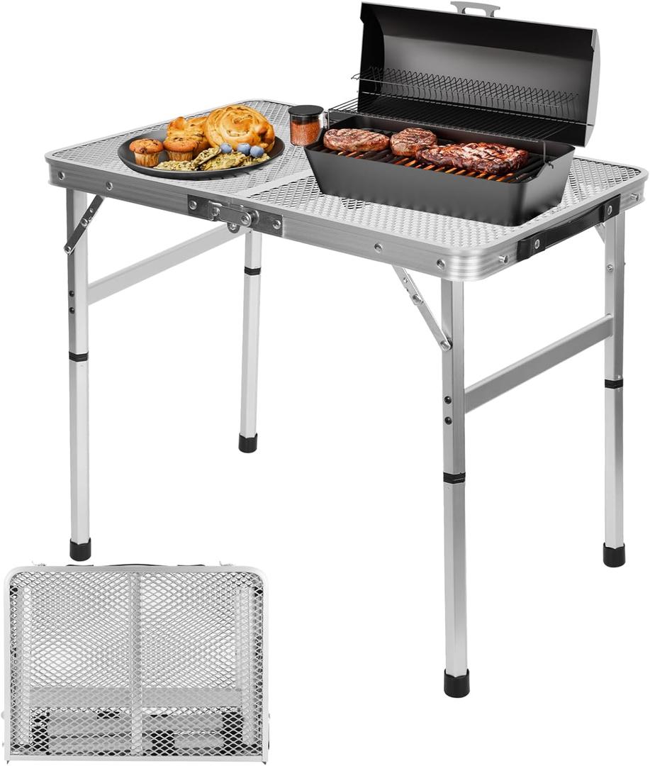 Folding Table, 2x1.3 FT Camping Table with Mesh Desktop,Folding Grill Table with Mesh Bag,Portable Outdoor Table for Picnic,Camping,BBQ,Beach(Sliver)