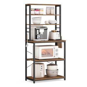 VASAGLE Coffee Bar, 23.6 Inches Baker's Rack for Kitchen with Storage, 6-Tier Kitchen Shelves with 6 Hooks, Microwave Stand, Industrial, Rustic Brown and Ink Black UKKS024B01