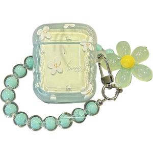 Cute Girly Strap Case for Airpods 4, Woman Kawaii Soft Protective Cover for Airpods 4th Generation with Lovely Keychain Lanyards Aesthetic Design, Curly Wave Green Flowers