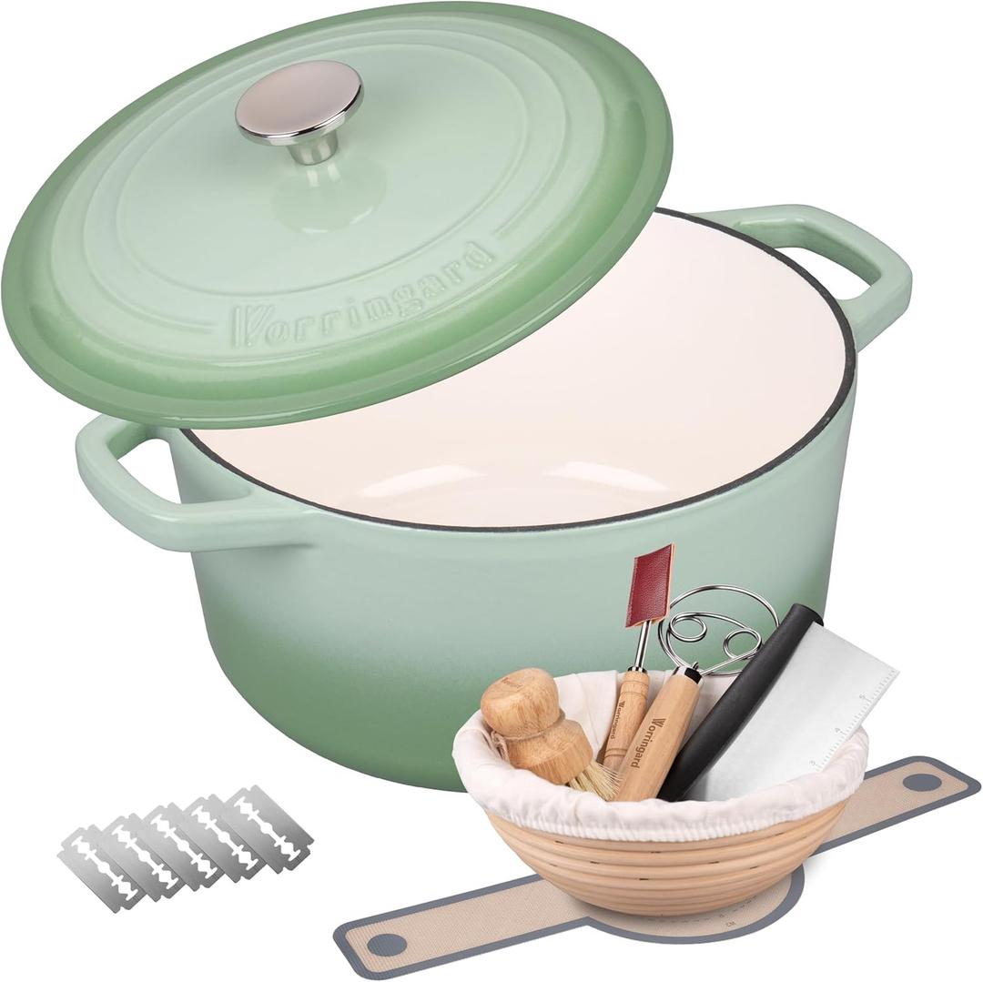 Enameled Cast Iron Dutch Oven Pot with Lid, for Bread Baking, Round Bread Oven- include Sourdough Bread Baking Supplies Set, 6QT, Green