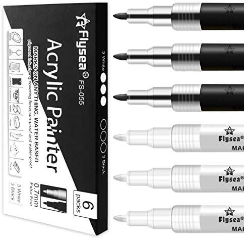EBOT Acrylic Paint Pen White Black, 6 Pack Black Paint Markers for Rock Wood Fabric Plastic Leather Glass Stone Metal Canvas,Water-Based Acrylic Paint Sets