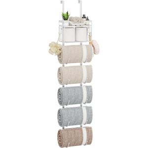 Over The Door Towel Racks for Bathroom,7 Tier Towel Rack Wall Mounted with Metal Shelf and Hooks,Rolled Towel Storage for Bathroom Door Holder Organizer Hanging,White