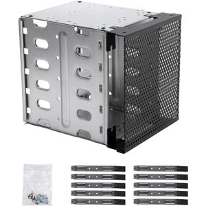 EMVANV Stainless Steel Hard Drive Cage, 5.25" to 5x 3.5" with Fan Space, Adapter Rack Bracket (Silver)