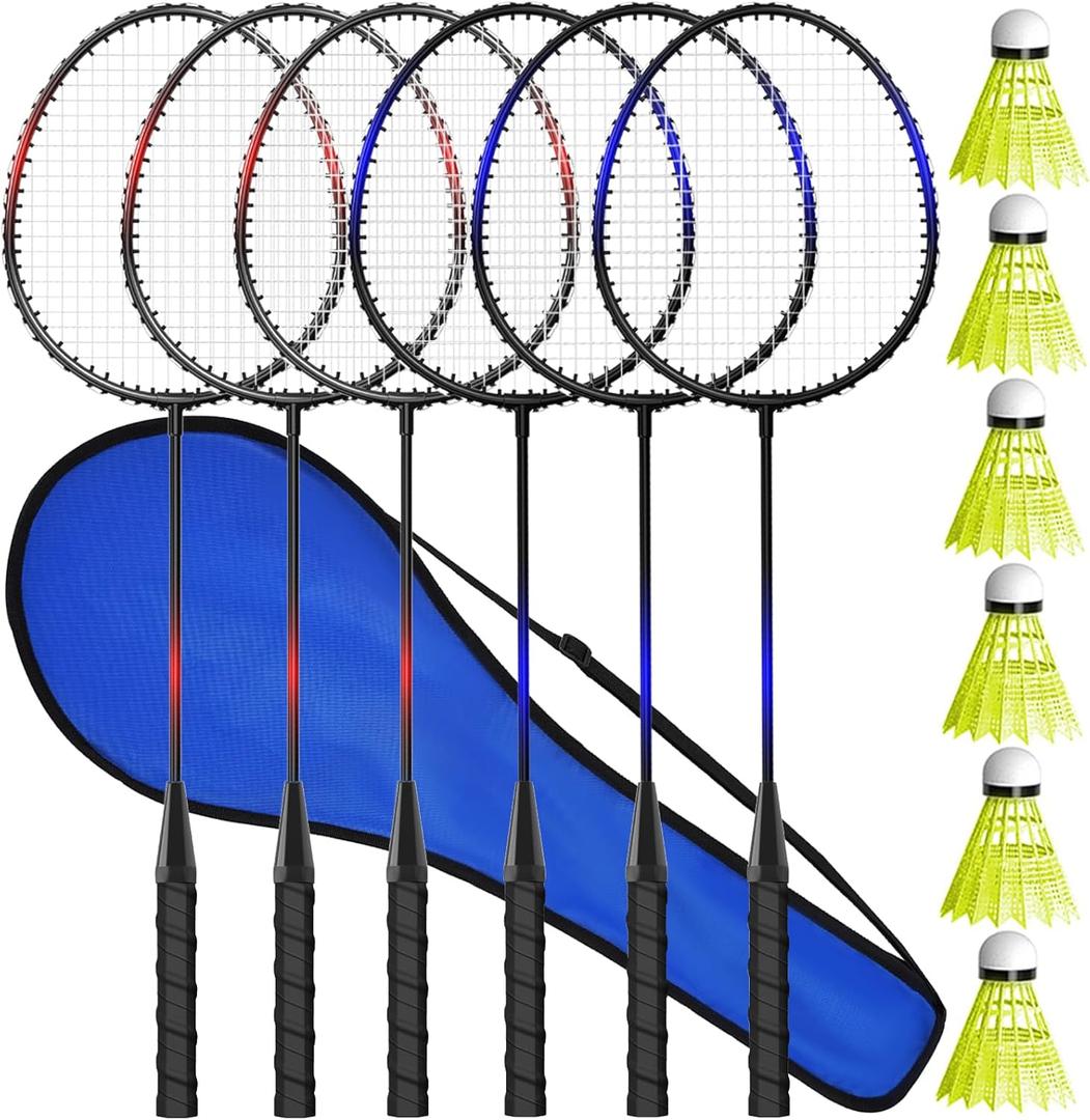 KH Badminton Rackets Set of 2 4 6 for Adults Kids,Beach Lawn Backyard Game Outdoor Sports,Racquets,Shuttlecocks & Carry Bag Included (Black,Red,Blue(6 Player))
