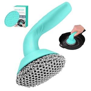 HAUSHOF Cast Iron Scrubber with Long Handle, Chainmail Scrubber Cast Iron Cleaner for Pan, Kitchen Cleaning Kit for Grill, Dutch, Oven