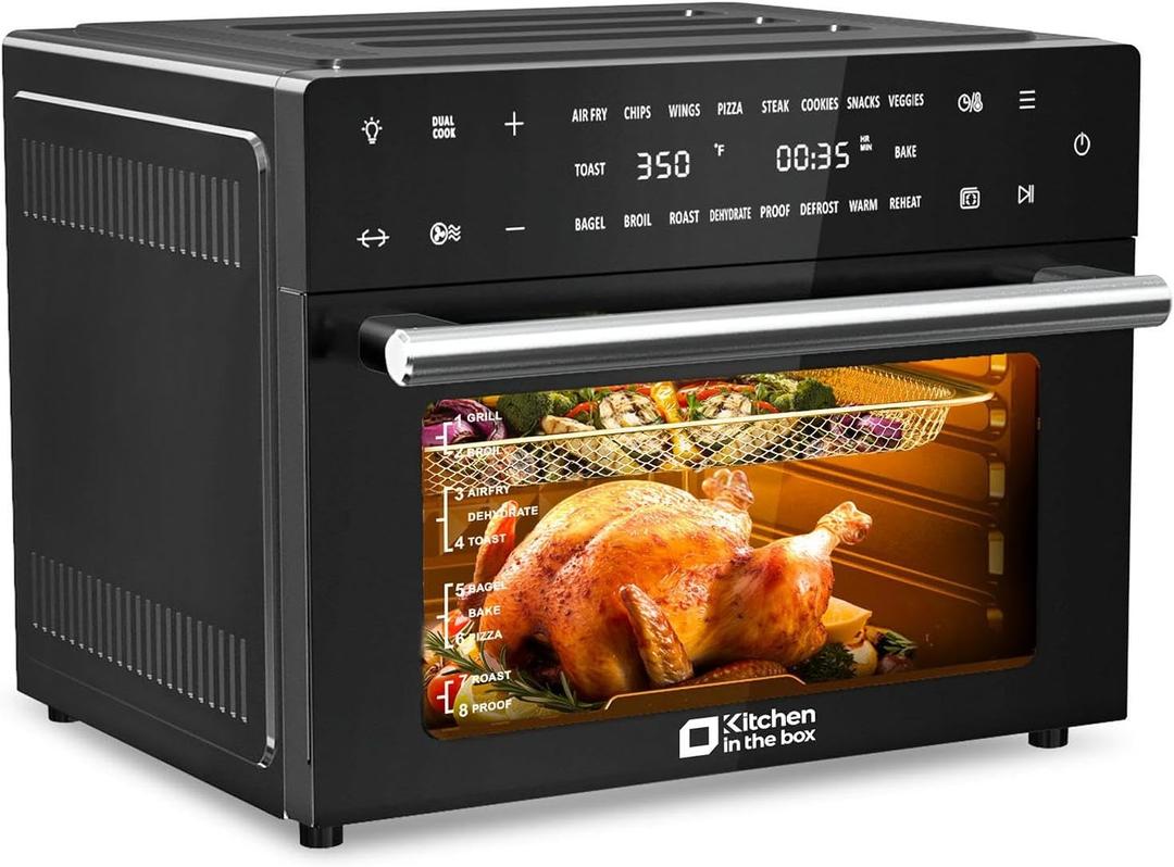Kitchen in the box 32 QT Extra Large Toaster Oven Air Fryer Combo, 18-in-1 Convection Toaster Oven Countertop with Baking, Dehydrate and Rotisserie, 6 Accessories, 1800W (Elegant Black)
