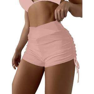 SherryDC Women High Waisted Swim Shorts V Cut Bikini Swimsuit Bottoms Drawstring Ruched Bathing Suit Board Shorts