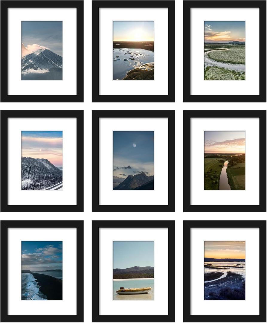 Wiscet 8x10 Picture Frame Set of 9, Display Pictures 5x7 with Mat or 8 x 10 Without Mat, Photo Frame for Wall Mounting or Tabletop, Black