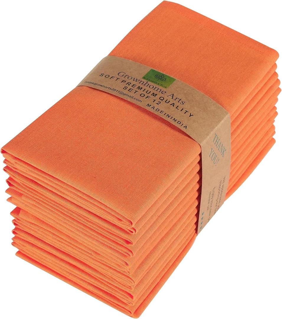 85% Cotton 15% Linen Dinner Cloth Set of 12 Napkins for Everyday Use Over Sized Easter Special Mitered Corners Napkins, Pre Shrunk Good Absorbency Ultra Soft Quality 18x18 in(Orange)