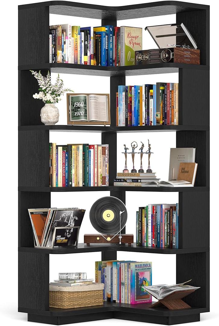 Armocity Corner Book Shelf - 6 Tier Corner Bookshelf Etagere Bookcase with Baffle, Freestanding L Shaped Display Shelf Stand for Home Office, Living Room, Bedroom, Kitchen, Black