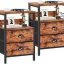 Furologee Night Stand Set of 2, Nightstand with 2 Fabric Drawers, Bed Side Table with Open Shelf, Wooden Top, Hooks, Backboard Design, End Table for Bedroom, Study, Hallway, Brown