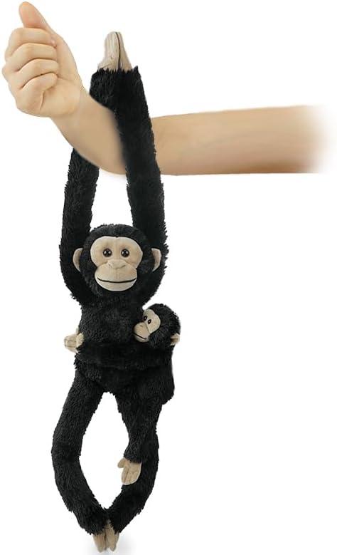 2pcs Chimpanzee Hanging Stuffed Animal Mother with Baby Hangs Plush Toys, Hooks and Stuffed Animals with Rings for Kids, Gifts for Boys and Girls, Black