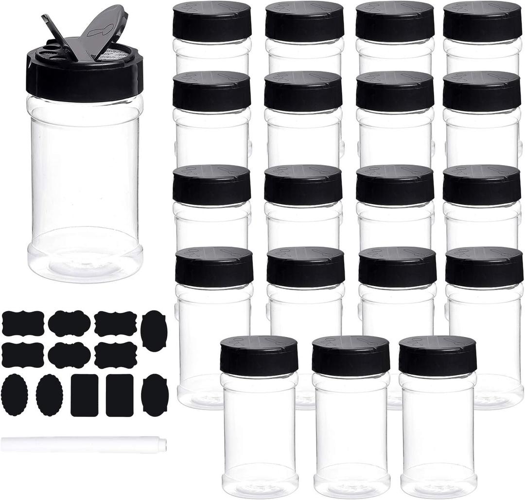 Spice Bottles, Dabacc 20Pcs 7oz Clear Plastic Container Jars with Lids Labels for Kitchen Storing Spice Powders Dry Goods Peanut Butter BPA free