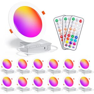 Recessed Lighting 6 Inch RGBCW Color Changing Canless LED Recessed Ceiling Light with Junction Box,16W 1350LM LED Downlight Dimmable by Remote Control, Memory, 3 Modes, Delayed Light Off, 12Pack