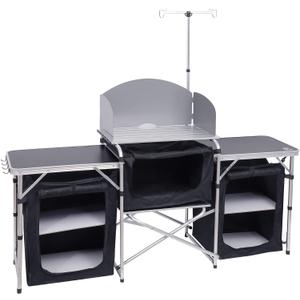 Nice C Camping Kitchen Table, Folding Table, Upgrade Light Stand and Windshield Cooking Station & 3 Organizers, Carry Bag for Outdoor, Beach, BBQ, Picnic, Cooking, Indoor, Office(Silver)
