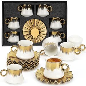 Hebaogugu Coffee Cup Set of 6 with Saucers, 3.5 OZ Ceramic Espresso Cups, Deco Gold Trim Coffee Cup Gift for Cappuccino, Latte, Cafe Mocha and Tea, Dishwasher & Microwave Safe (White and Gold)