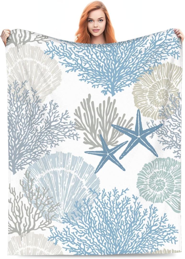 Nautical Coastal Blanket Starfish Seashell Coral Beach Themed Throw Blankets Gifts for Adults Sea Ocean Theme Lightweight Soft Fleece Cozy for Sofa Couch Bed Room Birthday Decor 40x50in