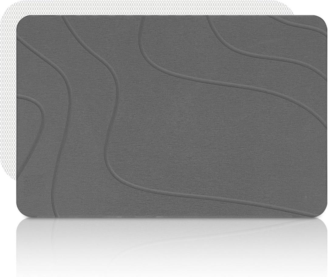 Stone Bath Mat, Diatomaceous Earth Stone Shower Mat for Bathroom, Absorbent Bath Mats, Non-Slip Barhroom Floor Mat, Quick Dry, Easy to Clean, 23.6 x 15.4 (23.6" x 15.4" (Square), Dark Grey-wave)