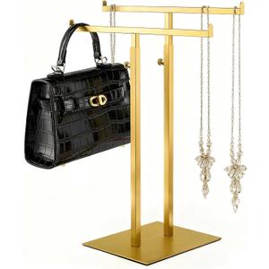 Purse Display Stand Jewelry Towers, Double T-Shaped Tabletop Stainless Steel Hook Hanging Adjustable Height Handbag Holder for Organizer Luxury Bags Necklaces Home Store Boutique Retail Closet
