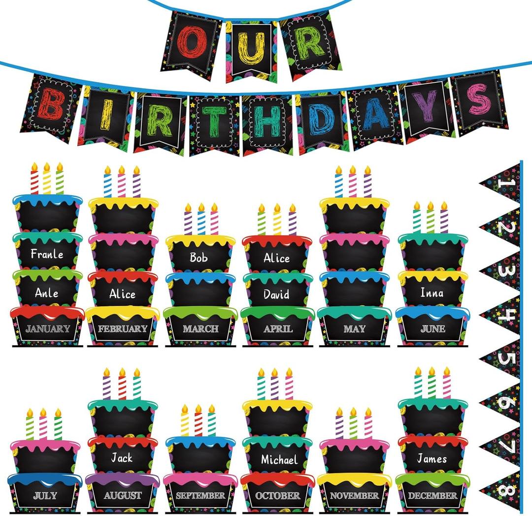Fuyoooo 127 Pcs Birthday Graph Bulletin Board Set Colorful Happy Birthday Bulletin Board Decorations Classroom Chart Calendar Cutout(Chalkboard)