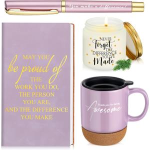 Sayglossy 4 Pcs Thank You Gifts Set for Men Women Teacher CNA Week Puple Employee Appreciation Notebook Inspirational Coffee Mug Scented Candle Ballpoint Pen for Team Office Coworker Nurse Volunteer