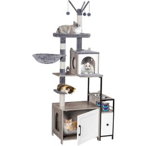 Snughome Cat Tree with Litter Box Enclosure, 3-in-1 Modern Cat Tower for Indoor Cats, 67.32 Hidden Cat Litter Box Furniture with Cat Condo, Food Station and Hammocks, All-in-one Cat Furniture (Light Gray)