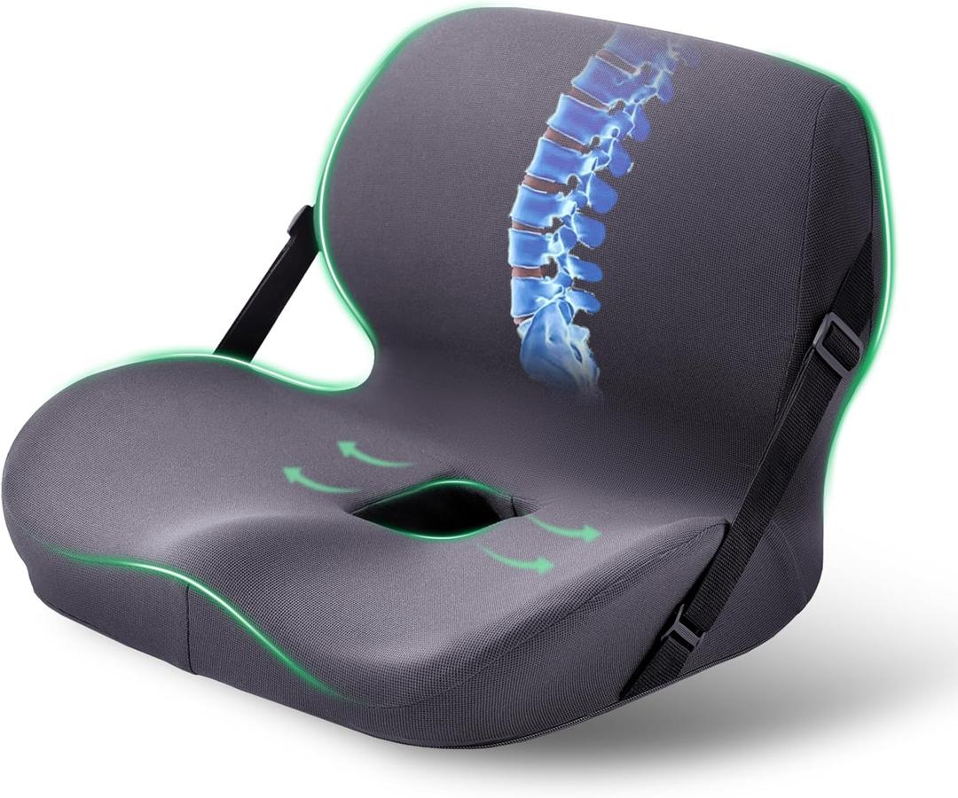 One-Piece Memory Foam Seat & Back Cushion - Lumbar Support, Adjustable Strap, Non-Slip Bottom - Breathable Removable Cover for Office Chair, Car, Truck (Grey) (Universal Size)