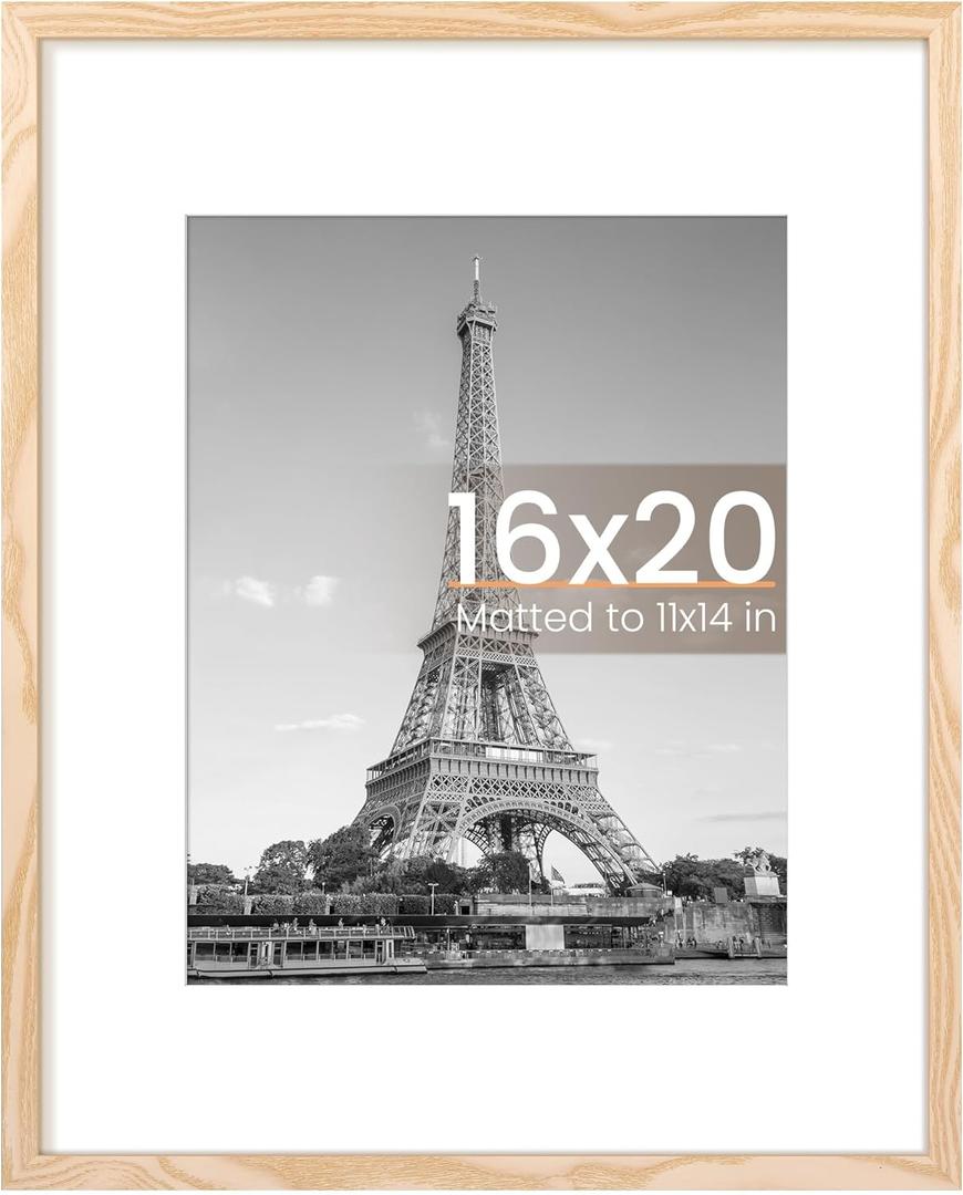 Upsimples 16x20 Picture Frame, Display Pictures 11x14 with Mat or 16 x 20 Without, Wall Hanging Poster Frame, Natural, 1 Pack