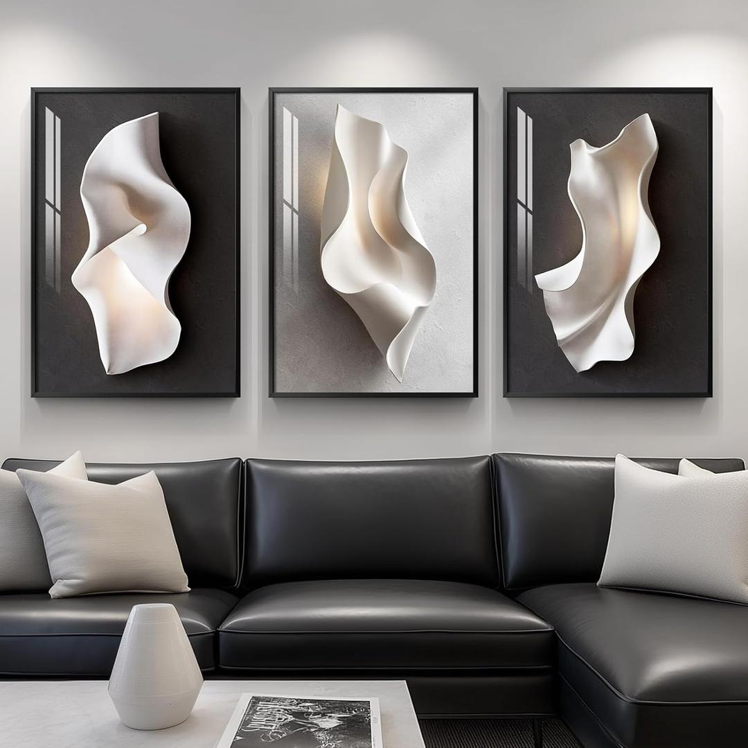 Framed Modern Black and White Abstract Wall Art for Living Room, Large 3 Piece Bright Style Artworks for Wall, Luxury Minimalist Painting Prints for Dining Room Hallway Office Wall Decor, 24x36 Inch