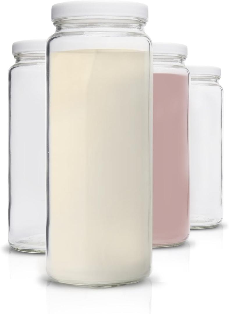Glass Bottles Set - 32 oz Jars, 4 Pack Wide Mouth with Lids for Juice, Smoothies, Water, Milks, Beverage Storage - Large Jug, Clear, Durable, Reusable, Dishwasher Safe, Leak Proof