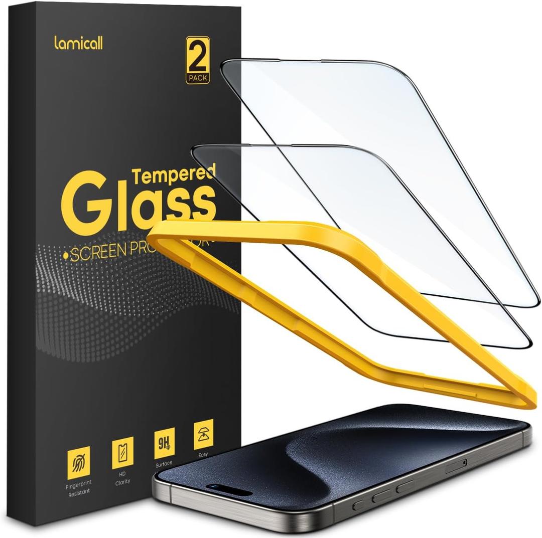 Lamicall Screen Protector for iPhone 15 Pro Max - [No White Edge] 2Pack, with Easy Mount Frame, Screen Protective Film, Anti-Fingerprint Protective Tempered Glass, Anti-Scratch, 9H
